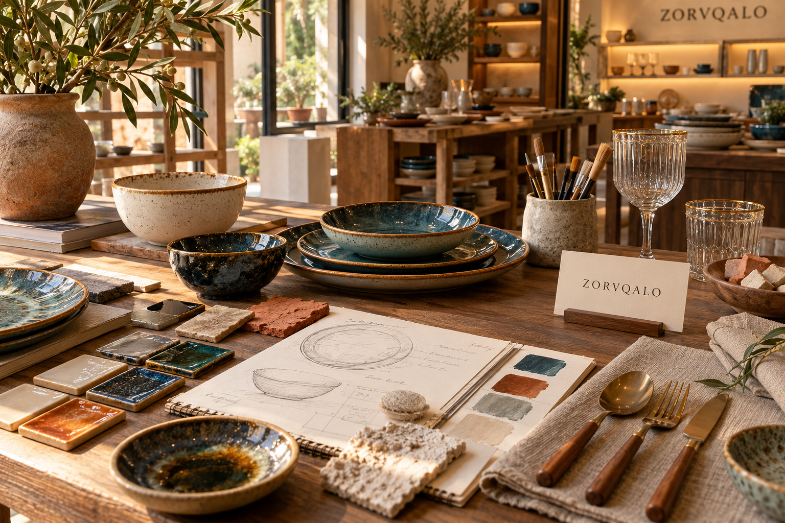 ZORVQALO tableware studio with glaze samples, ceramic dinnerware, glassware, cutlery and design sketches